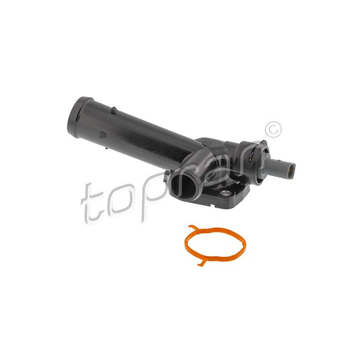 A close-up photograph showcasing the TOPRAN 03L121131M coolant flange, a vital component for engine cooling.